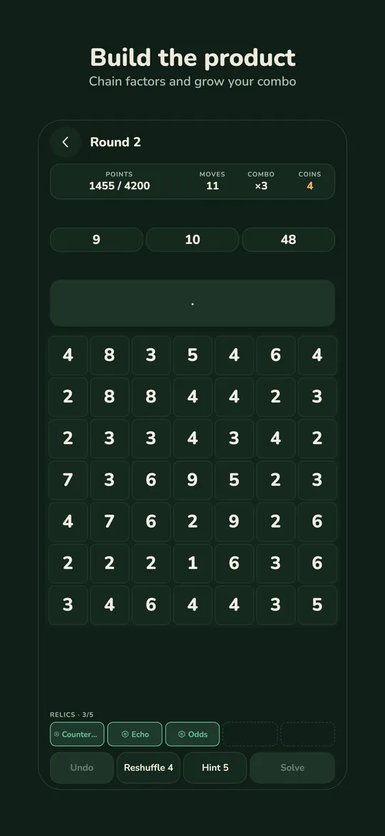 Faktore: the board of digits and the three products