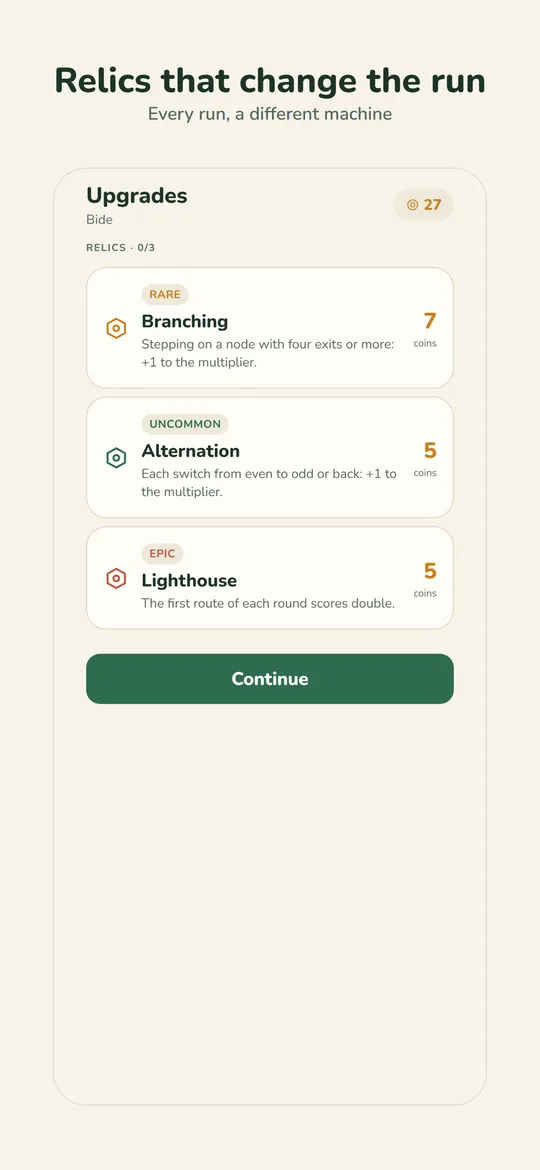 Upgrades between rounds, with relics